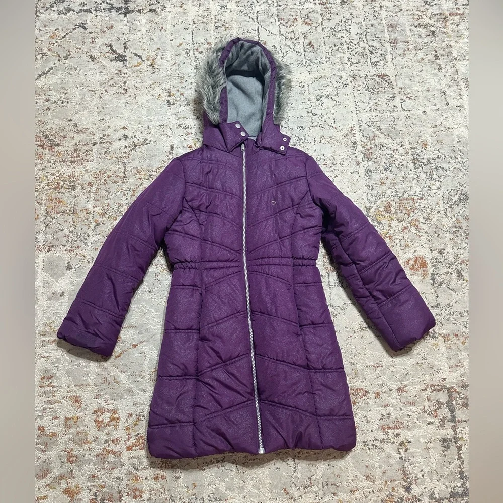 Calvin Klein Girls' Hooded Puffer Jacket purple faux fur trim hood size 12/14